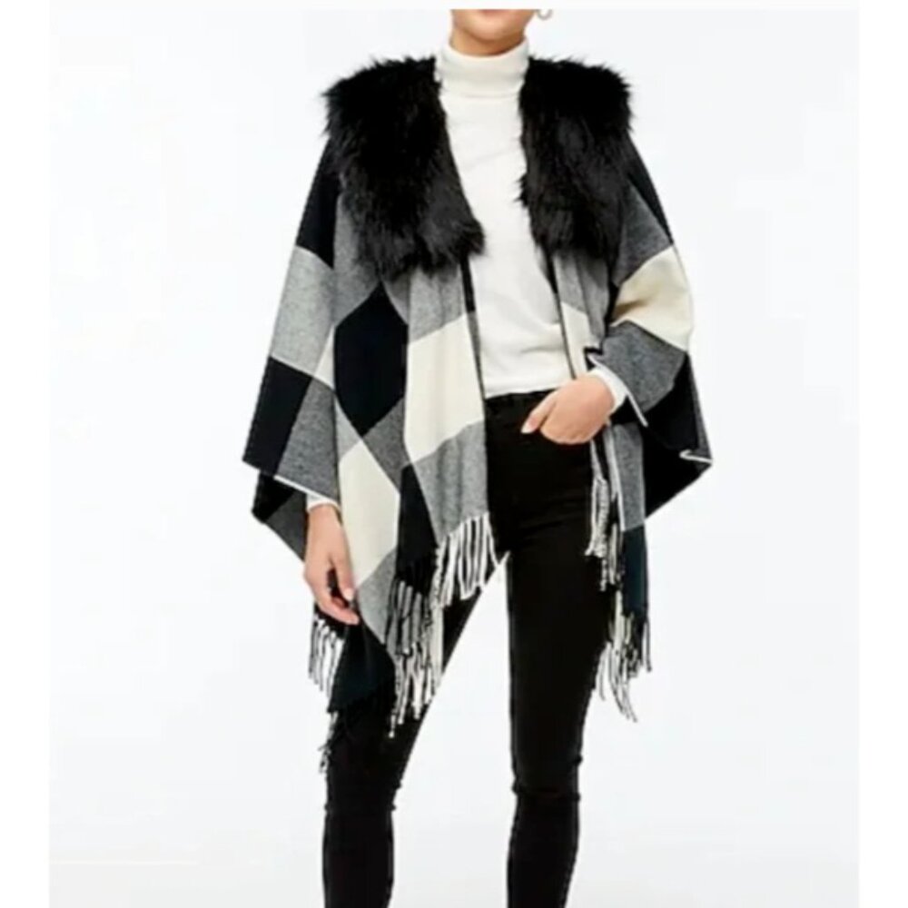 New J.Crew Faux-fur plaid cape-scarf, shawl, wrap